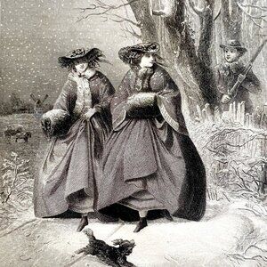 Victorian Women In Snow Engraving 1859 Man With Rifle Hunting Winter Art DWY5D